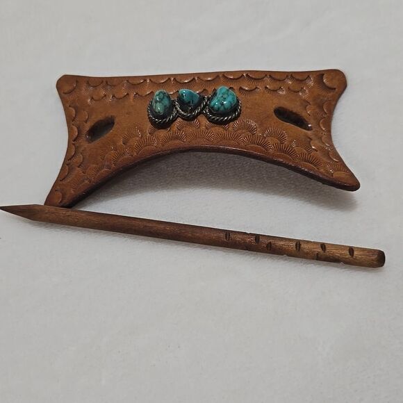 Leather Hair Barrette with Turquoise Stones